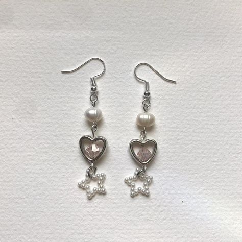 ⭐️ earrings • heart and star earrings • look at... - Depop Metal Heart Earrings With Heart Beads, Dangle Heart Earrings With Heart Beads, Cute Pink Heart Earrings With Heart Beads, Metal Heart Dangle Earrings With Heart Beads, Cute Star Charm Dangle Earrings, Star Earring, Earrings Beads, Jewellery Diy, Diy Jewelry Unique