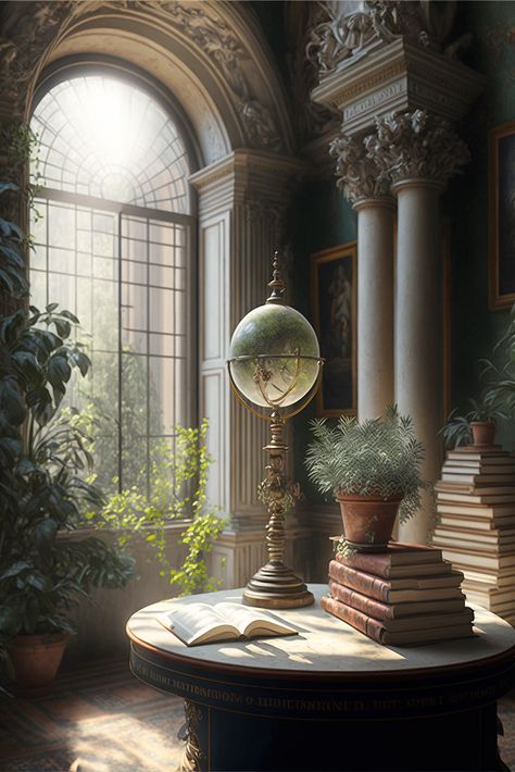 Light Academia Interior Design with Globe Decor, Books, Potted Plants and Round Table Royal Library Aesthetic Light, Magical Office Aesthetic, Light Academia Farmhouse, Light Academia Fantasy Aesthetic, Light Academia Aesthetic House, Light Academia Aesthetic Library, Classic Academia Room, Victorian Light Academia Bedroom, Whimsical Academia Aesthetic