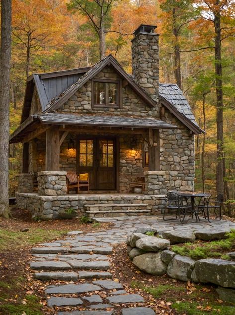 Small Stone Cottage, Building A Small House, Cabin Style Homes, Stone Cabin, Fairytale House, Log Cabin Rustic, Small Log Cabin, Rock House, Stone Cottages