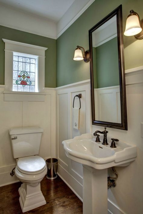 Bathroom with white paneling, muted turquoise walls and a stained glass window - Renovated Craftsman in Bellevue, WA (Frank Odle house) - Hooked on Houses Renovated Craftsman, Bathroom Wainscoting, Makeover Kamar Mandi, Wainscoting Ideas, Beadboard Bathroom, Craftsman Bathroom, Wainscoting Bathroom, Craftsman Decor, Wainscoting Styles