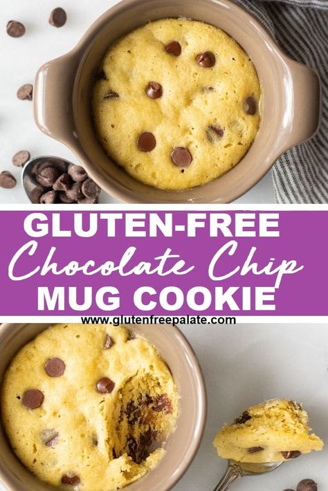 Satisfy your sweet tooth in less than five minutes with this Gluten-Free Chocolate Chip Mug Cookie. There are only a few ingredients and a couple simple steps in this gluten free mug cookie. Gf Cookie In A Mug, Gluten Free Desserts In A Mug, Almond Flour Mug Cookie, Gluten Free Mug Cookie, Healthy Cookie In A Mug, Gluten Free Mug Desserts, Chocolate Chip Mug Cookie, Gluten Free Mug Cake, Gf Treats