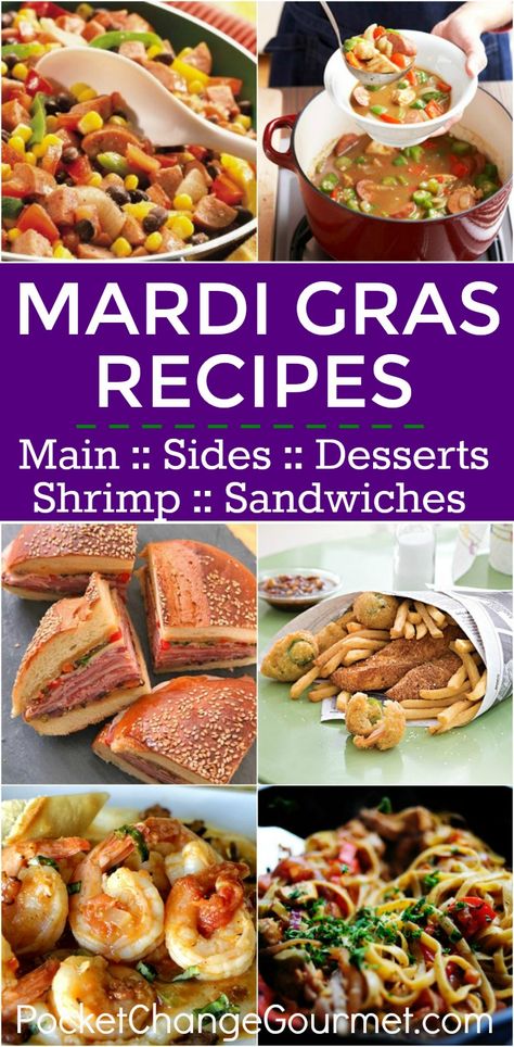 Mardi Gras Recipes | Pocket Change Gourmet Mardi Gras Party Food, Mardi Gras Recipes, Mardi Gras Dinner, Mardi Gras Desserts, Recipes Main Dishes, Madi Gras, Mardi Gras Centerpieces, New Orleans Recipes, Mardi Gras Food