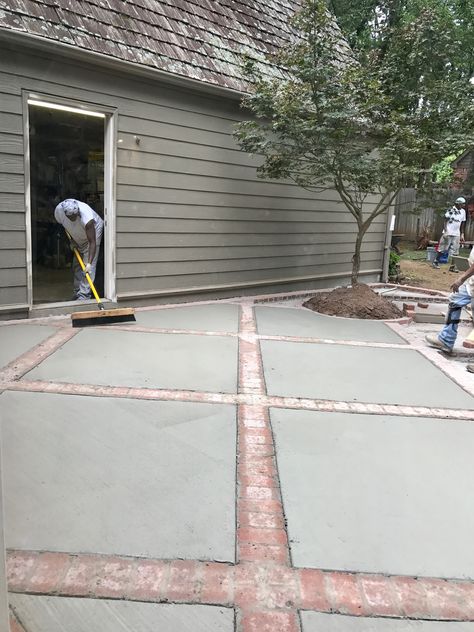 Brick Cement Patio, Concrete And Brick Walkway, Concrete Patio To Pavers Transition, Diamond Concrete Patio, Concrete With Brick Inlay, Concrete And Paver Patio Ideas, Concrete With Brick Border, Brick And Cement Patio, Cement And Brick Patio Ideas