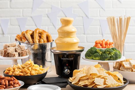 Fondue Station Bar Ideas, Food Fountain Ideas, Fondue At Wedding, Wedding Cheese Fountain, Nacho Cheese Fountain Recipe, Fondue Wedding Bar, Cheese Fondue Fountain, Cheese Fountain Ideas, Fondue Fountain Ideas