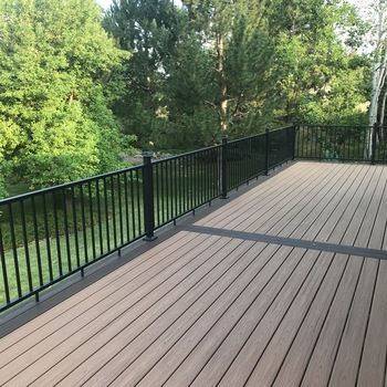 Composite Deck With Border, Two Tone Deck Color Ideas Composite, Composite Deck Stairs Ideas, Ultradeck Composite Decking, Covered Front Porch Ideas Ranch Style, Composite Deck Ideas Photo Galleries, Pvc Decking Ideas, Composite Deck With Black Railing, Black Composite Decking