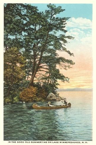 size: 18x12in Art Print: Canoing on Lake Winnipesaukee, New Hampshire : The Lake House, Lake Winnipesaukee, Transportation Poster, Autumn Lake, Iconic Wallpaper, Lake Painting, Lake Art, Autumn Scenes, Nature Posters