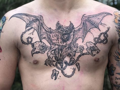 Horizontal Chest Tattoo, Occult Chest Tattoo, Alternative Chest Tattoo, Large Bat Tattoo, Bat Chest Tattoo Men, Spooky Chest Tattoo, Bat Chest Piece, Vulture Chest Tattoo, Demon Chest Tattoo