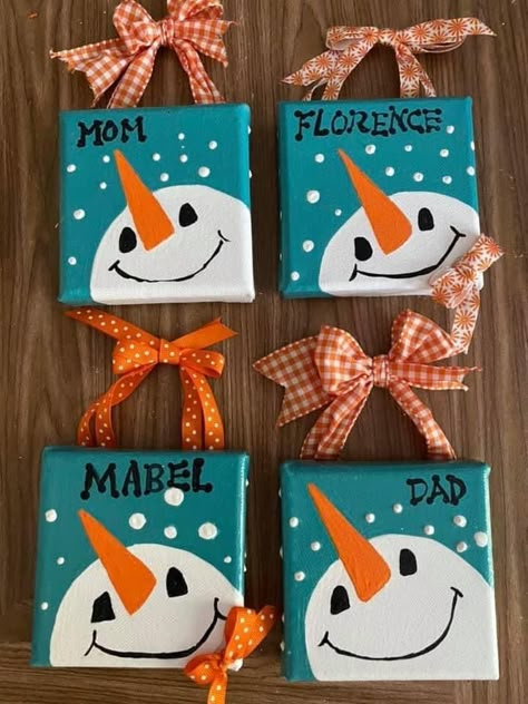 Mini Canvas Snowman Ornament, Mini Canvas Ornaments, Birthday Canvas, Snowman Ideas, Canvas Ornaments, Ornaments For Kids, Parents Christmas, Christmas Gifts For Parents, Ornament Ideas