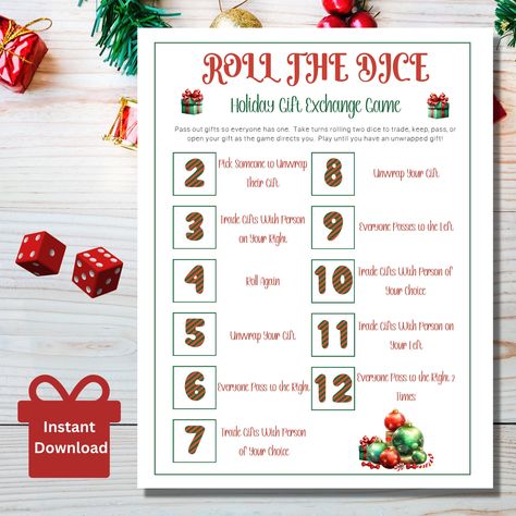 "Roll the Dice Holiday Gift Exchange Game Are you looking for a fun and creative way to host a holiday gift exchange?  This Roll the Dice Gift Exchange Game is perfect for work parties, white elephant gift exchanges, family Christmas parties, class party, or group parties with friends.  Perfect for adults and kids too! Pass out gifts until each person has one gift.  Have each person take turns rolling two dice and pass the gifts according to the directions.  This game is full of passing gifts, t Gift Exchange Dice Game, Holiday Gift Exchange Games, Gift Exchange Dice, Gift Exchange Game, Christmas Printable Labels, Yankee Swap, Christmas Gift Exchange Games, Christmas Gift Games, Best White Elephant Gifts