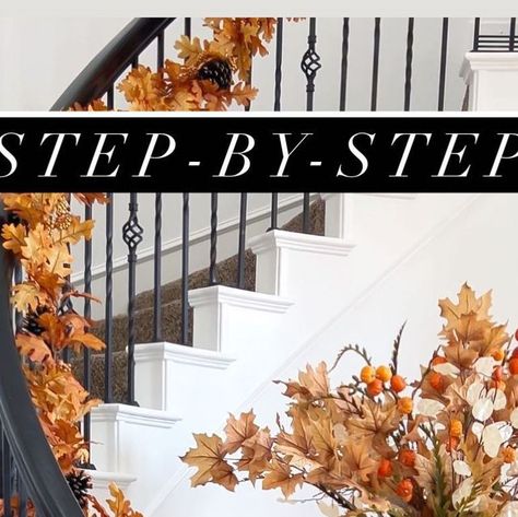 Macy Blackwell on Instagram: "Staircase Decor!🍂 Step-By-Step!🧡 1. We got these garlands from Hobby Lobby, and attached with large zip ties. 2. Added all the faux pumpkins underneath the table, and up the stairs. 3. I used small greenery picks to fill in the spaces in between pumpkins. 4. Table decor: added stems from Hobby Lobby, lanterns, and more pumpkins! Faux pumpkins linked! #falldecor #decoratewithme #fallhomedecor #pumpkindecor #fallstaircase" Fall Staircase Decor Railings, Fall Banister Decor, Fall Staircase Decor, Fall Staircase, Hobby Lobby Lanterns, Macy Blackwell, Circular Stairs, Fall Leaf Garland, Pumpkin Garland