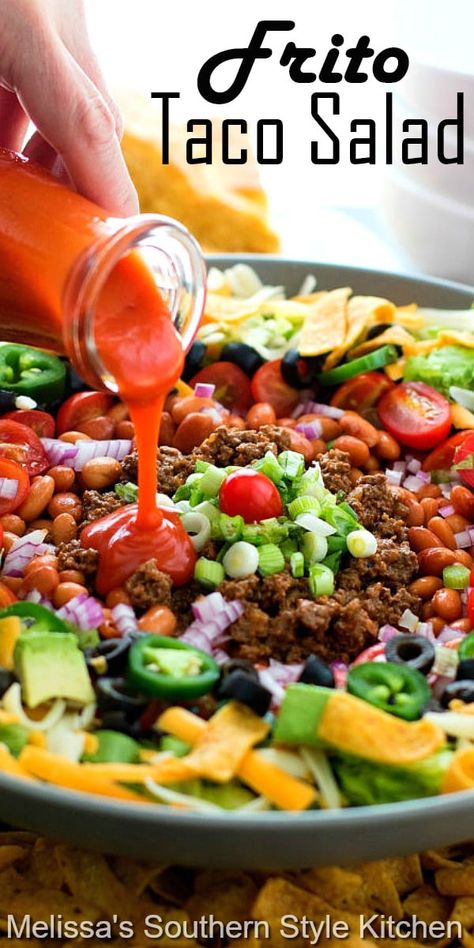 Frito Taco Salad, Taco Salad Recipe Healthy, Taco Salad Dressing, Mexico Recipes, Taco Salad Doritos, Kitchen Knowledge, Melissas Southern Style Kitchen, Taco Salad Bowls, Salad For Dinner