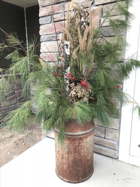 Christmas Milk Can Decor, Milk Can Decor, Winter Porch Decor, Jug Decor, Old Milk Cans, Winter Planter, Winter Outdoors, Winter Decorating, Winter Porch