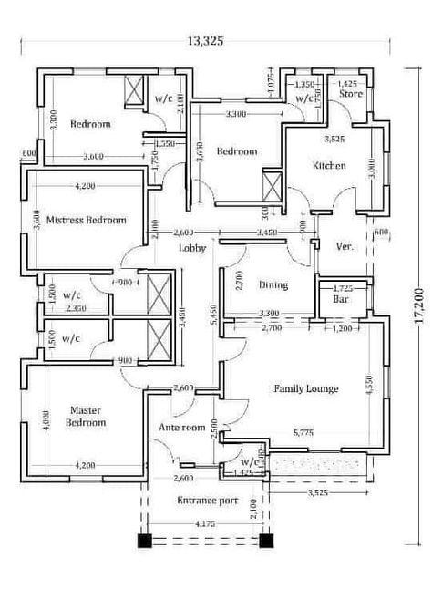 15x15 House Plans, 50 By 100 Feet House Plan, 4bedroom Bungalow Design, Bungalow House Floor Plans, Drawing House Plans, Four Bedroom House Plans, Modern Bungalow House Plans, Small House Blueprints, Small Modern House Plans