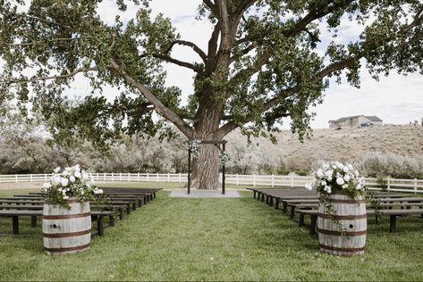 Rustic wedding ceremony aisle with whiskey barrels Wedding Ceremony Wine Barrels, Wedding Ceremony Aisle, Whiskey Barrel Wedding, Barrel Wedding, Ceremony Aisle, Wedding Isles, Whiskey Barrels, Rustic Wedding Ceremony, Wedding Arbour