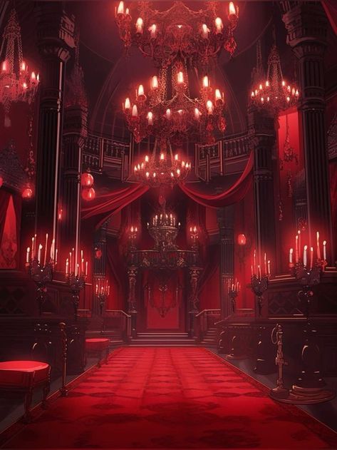 Red Castle Aesthetic, Red Throne Room, Red Fantasy Aesthetic, Castle Interior Aesthetic, Vampire Castle Interior, Vampire Background, Vampire City, Vampire World, Red Mansion