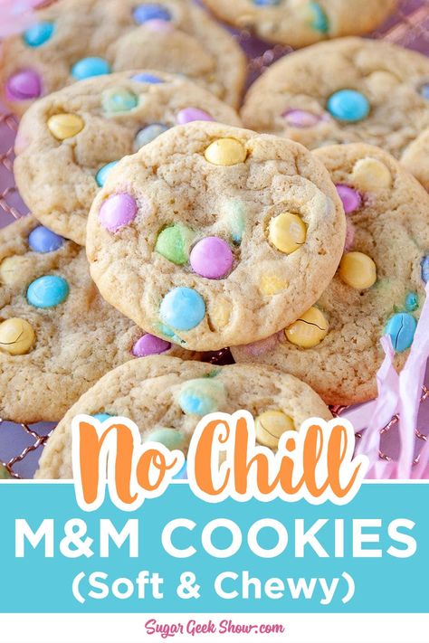 These easy M&M cookies made from scratch are soft and chewy with crispy edges! Packed with tons of M&M candies and no chilling required! M&M's are a great way to change a cookie for any Holiday like Easter, Christmas or Halloween. #dessert #cookie #recipe #baking Cookies For Spring, Recipes Easter, Baking List, Spring Baking, Easter 2024, Easter Snacks, Bakery Food, Easter Sweets, Vegan Candies