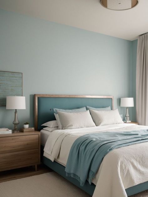 Create a serene and stylish bedroom with a light teal accent wall, complemented by crisp white bedding and furniture. Add warmth and texture with touches of natural wood and finish off the look with modern metallic accessories for a sophisticated touch. Light Teal Paint Colors, Light Teal Bedroom, Teal Accent Wall, Light Teal Paint, Paint Colors For Bedroom, Teal Bedroom Walls, Colors For Bedroom, Teal Paint Colors, Teal Accent Walls