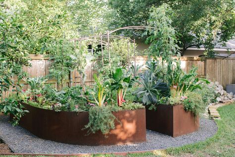 Corten raised bed kitchen garden designed by Rooted Garden Keyhole Garden, Growing Organic Vegetables, Raised Bed Garden Design, Narrow Garden, Arch Trellis, Cedar Garden, Plant Tags, Organic Soil, Garden Kits