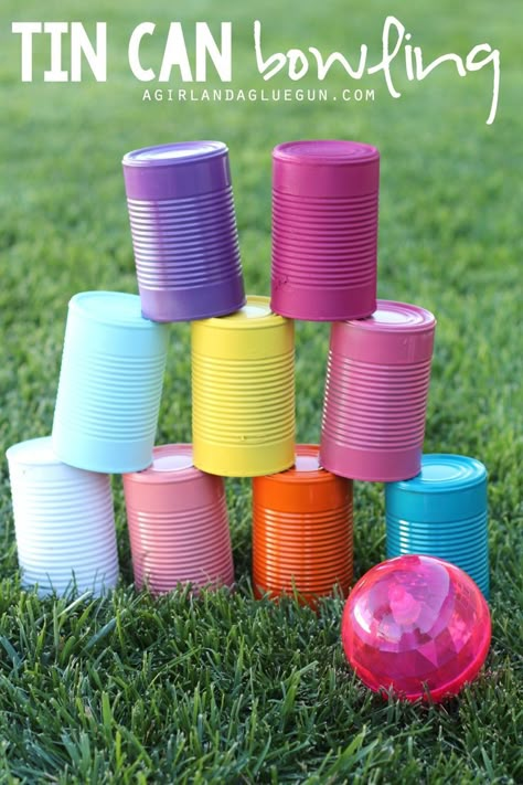 tin can bowling--fun upcycle game for kids to play Outside Games, Backyard Activities, Easter Games, Outdoor Games For Kids, Outdoor Activities For Kids, Yard Games, Backyard Games, Diy Games, Backyard Fun