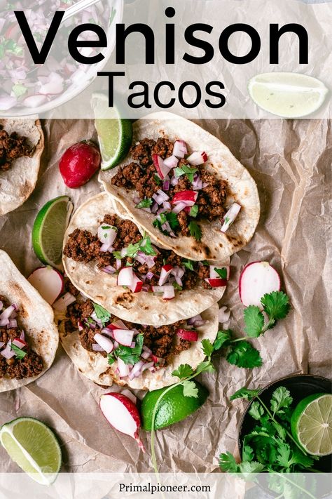 Ground Venison Tacos are going to take your Taco Tuesday to a whole new level. Adding Venison meat with taco seasoning is delicious. Deer Tacos Ground Venison, Deer Meat Tacos, Ground Venison Tacos, Venison Tacos Recipes, Venison Tacos, Venison Dishes, Ground Venison Recipes, Gluten Free Dairy Free Dinner, Meat Ideas