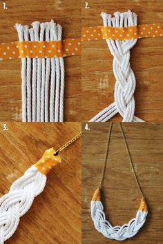 Rope Necklace DIY Steps. with colored rope, metal ends, and 4 strand braids Free Jewelry Making Projects, Necklace String, String Crafts, Colored Rope, Rope Jewelry, Necklace Tutorial, Fabric Necklace, Jewelry Making Project, Feather Pendant