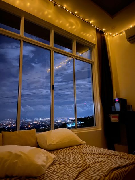 Room Decor Big Window, Aesthetic Room With Big Windows, Dimly Lit Bedroom, Night Time Bedroom, Room With Window, Windows View, Single Apartment, Cosy Aesthetic, City View Apartment