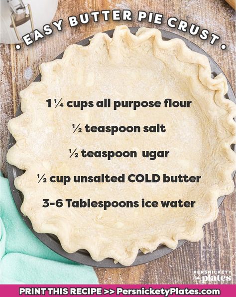 The secret to the perfect slice of homemade pie is in this all butter pie dough recipe. Made with just 5 ingredients and 10 minutes of prep time, you'll get a tender and flaky buttery crust every time! | www.persnicketyplates.com Pie Crust Recipe Easy, All Butter Pie Crust, Pie Dough Recipe, Homemade Pie Crust Recipe, Resep Brownies, Perfect Pie Crust, Homemade Pie Crusts, Pie Crust Recipes, Butter Pie