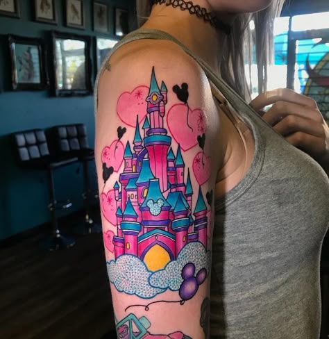 Barbie Tattoo Sleeve, Disney Castle Tattoo, Disney Sleeve Tattoos, Castle Tattoo, Disney Sleeve, Tulip Tattoo, Fusion Ink, Kawaii Tattoo, Style Converse