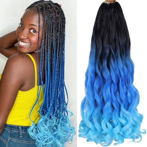 Black And Blue Ombre Braids, Blue And Black Braids With Curls, Blue Braids With Curls, Blue French Curl Braids, Spanish Braids Hairstyles, Blue Goddess Braids, French Curly Braids, Spanish Curls, Blue Box Braids