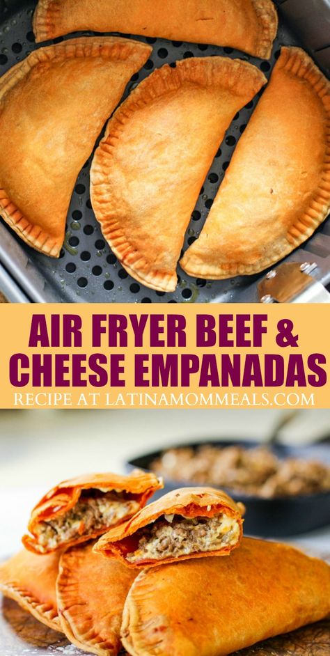 Cheesy beef pastelillos are easily made in the Air Fryer for a healthier empanada recipe that the whole family will love! #empanada #airfryer #airfryerrecipes #picadillo #cheese #PuertoRicanrecipes Empanada Air Fryer Recipes, Beef Turnovers, Air Fryer Empanadas, Airfryer Quesadilla, Cheese Empanadas Recipe, Air Fryer Beef, Cheese Empanadas, Air Fryer Food, Air Fryer Ideas