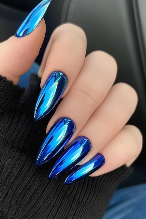 Neon Blue Nails Acrylic, Neon Blue Nails, Chrome Nail Colors, Blue Stiletto Nails, 2024 Green, Blue Chrome Nails, Chrome Nail Powder, Chrome Nails Designs, Chrome Nail