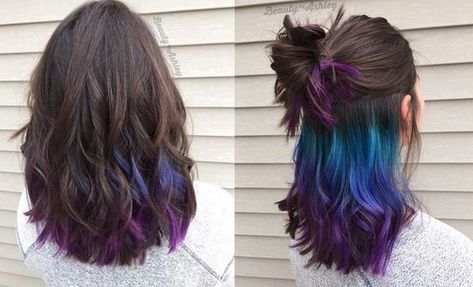 Brown Hair With Multicolor Highlights, Bayalage Brunette Fine Hair, Inverted Hair Color, Mermaid Hair Color Peekaboo Brunette, Brown To Purple Balayage Straight Hair, Color On Ends Of Hair, Dark Hair Peekaboo Color, Brunette With Pop Of Color, Oil Slick Hair Color Brunettes