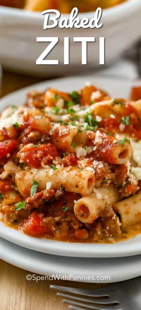 Baked Ziti is an easy weeknight pasta dish! Tender ziti noodles, a zesty meat sauce and delicious creamy ricotta are layered in a casserole dish, topped with cheese and baked until bubbly. #spendwithpennies #bakedziti #bakedpasta #pastadinner #tomatopasta #easydinner #withcheese #zitinoodles #casserole Ziti Noodles, Easy Weeknight Pasta, Ziti Al Forno, Weeknight Pasta, Easy Baked Ziti, Ziti Recipe, Ziti Recipes, Baked Ziti Recipe, Pasta Dinners