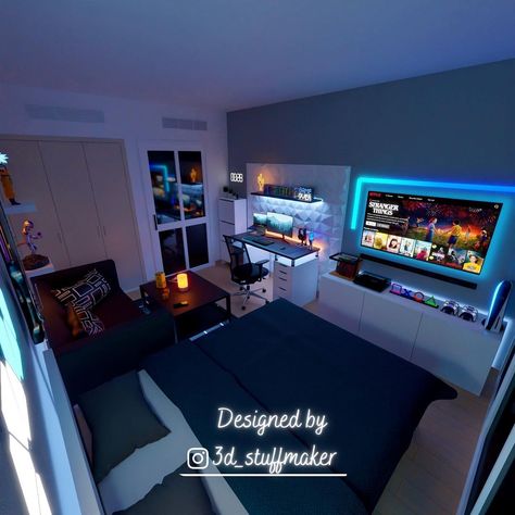 Pc Bedroom Ideas, Room Ideas For Men Bedroom Gaming, Room Ideas With Pc Setup, Modern Mens Room Bedroom Ideas, Living Room Designs Gamer, Mens Gaming Bedroom, Male Gamer Room, Couples Cave Ideas, Simple Gaming Bedroom