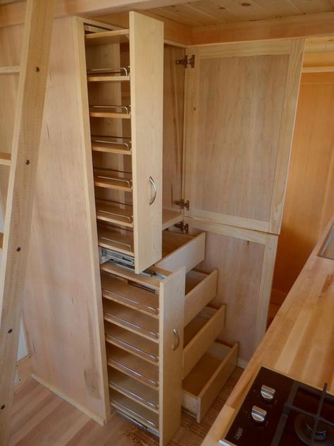 This is the Payette Model by TruForm Tiny House. The great part of this build is how much you can customize it. Below you’ll see both a loft and ladder set-up, and they have additional option… Tiny House Storage Ideas, Vstupná Hala, Tiny House Storage, Small Kitchen Storage, Best Tiny House, Tiny House Inspiration, Tiny House Kitchen, Tiny Spaces, Tiny House Interior