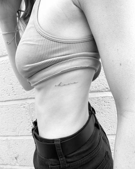 Ohana Rib Tattoo, You Are Enough Tattoo On Rib, Family Rib Tattoo, Best Friend Tattoos Ribs, Handwriting Tattoo Ribs, Rib Cursive Tattoo, Rib Name Tattoos For Women, Rib Script Tattoo Women, Name Rib Tattoo