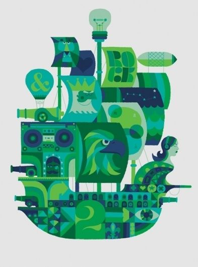 adrian johnson ltd > work #blue #illustration #boat #green Adrian Johnson, Ship Illustration, Work Project, Affinity Designer, Pirate Ship, Flat Color, Flower Illustration, Retro Art, Green And Blue