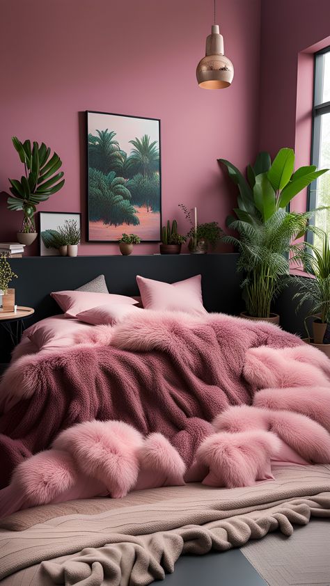 Pink Brown Decor, Pink Couples Bedroom, Pink Bedspread Bedroom Ideas, Black Pink Bedroom Ideas, Deep Pink Bedroom, Brown And Pink Room Aesthetic, Brown And Pink Bedroom, Pink Bedrooms Grown Up, Moody Pink Bedroom