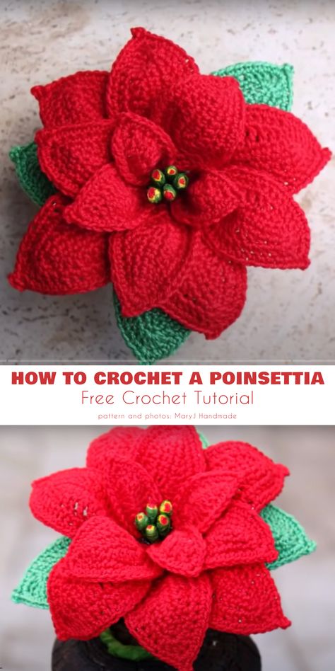 How to crochet a poinsettia. Crochet Poinsettias Free Patterns, Russian Crochet Patterns Free, Free Crocheted Flower Patterns, Poinsettia Crochet Pattern Free, Crochet Pointsetta Pattern Free, Free Crochet Patterns For Flowers, Crochet Christmas Flowers, Premier Puzzle Yarn Crochet Patterns, Crochet Holiday Decor