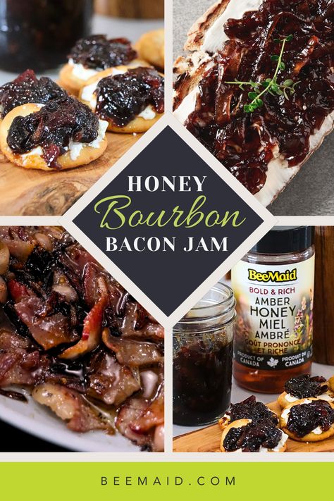 4 image collage showing crackers with cream cheese and rich bacon jam on top, Caramelized onions and bacon in a pan, a bottle of BeeMaid Amber Honey and a jar full of thick, dark brown bacon jam next to it. Bourbon Bacon Jam Recipe, Bourbon Bacon Jam, Bacon Jam Recipe, Bourbon Bacon, Weekend Snacks, Honey Bourbon, Bacon Dip, Bacon Appetizers, Snack Craving