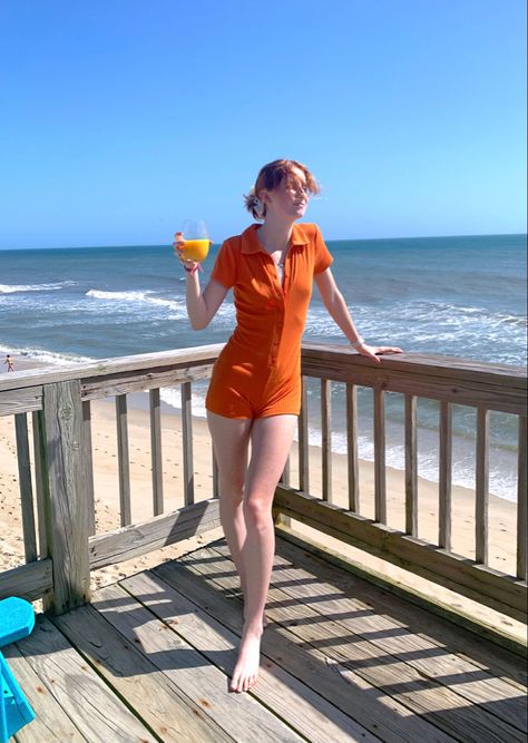 #summerstyle #orange #outfitideas #romper Orange Romper Outfit, Red Playsuit, Orange Romper, Beach Playsuit, Orange One Piece, Concert Fit, Concert Fits, Orange Beach, Romper Outfit