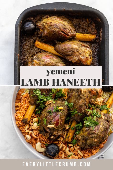 Yemeni Lamb Haneeth- the simplest preparation for the most delicious, tender, fall off the bone lamb. Easy marinade and cooking method, with video included! #yemeni #lamb #haneeth #middleeastern #recipe #lambrecipe Lamb Haneeth Recipe, Lamb Bones Recipe, Lamb Chunks Recipes, Shank Recipes, Leftover Roast Lamb, Meals With Meat, Pulled Lamb, Lamb Marinade, Leftover Lamb