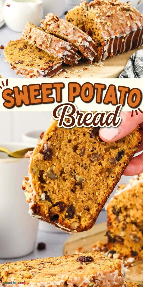 Are you looking for an easy and delicious dessert? Try our Sweet Potato Bread! With a perfect blend of spices and a sweet glaze, this sweet potato pecan bread is great for brunch or any meal. #cheerfulcook #dessert #sweetpotatobread #sweetpotatopecan #brunch #Thanksgiving ♡ cheerfulcook.com Sweet Potato Bread In A Coffee Can, Sweet Potato Bread Recipe Homemade, Sweet Potato Cookie Dough, Sweet Potato Roll Cake, Sweet Potato Fudge, Shredded Sweet Potato Recipes, Sweet Potato Bread Recipe Easy, Breakfast With Sweet Potatoes, Leftover Sweet Potato Recipes