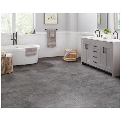 Cascade Ridge 24 in. x 12 in. Slate Ceramic Floor and Wall Tile (15.04 sq. ft. / case) Home Depot Bathroom Tile, Grey Floors, Mom Bathroom, Dark Grout, Ridge Tiles, Home Depot Bathroom, Bath Tile, Laundry Room Flooring, Beautiful Flooring