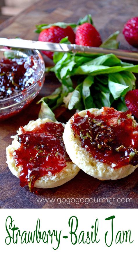 Strawberry Basil Jam Recipe, Can Strawberries, Strawberry Basil Jam, Basil Jam, Canned Strawberries, Sweet Sauces, Strawberry Basil, Canning Jam, Basil Recipes