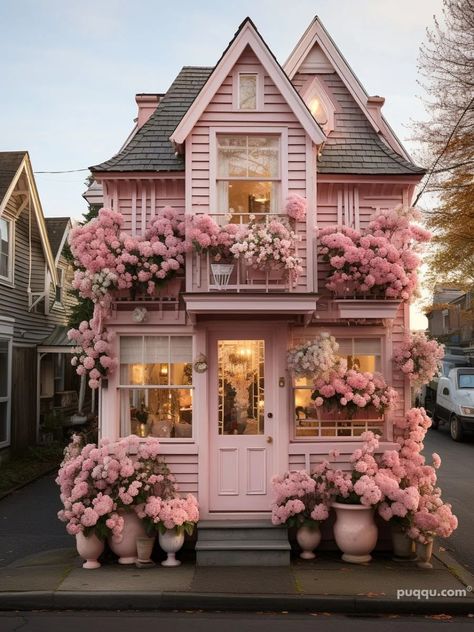 Pink Tiny Houses: Discover Charming Small Homes - Puqqu Redecorate Room, Pink House Exterior, Front Landscape, Pastel Home, Cozy Romantic, Home Exteriors, Cozy Cottages, Lovers Lane, Pink Cottage