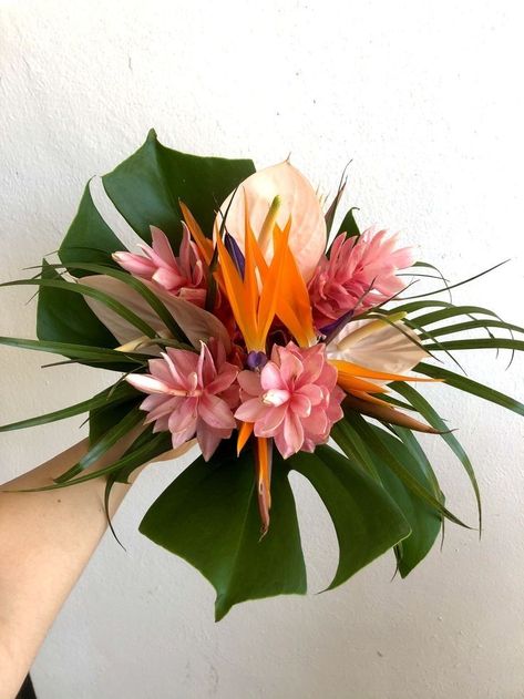 Orange Tropical Bouquet, Tropical Bouquets Wedding, Small Tropical Wedding Bouquets, Modern Tropical Bouquet, Small Tropical Bridal Bouquet, Hawaiian Floral Arrangements, Tropical Wrist Corsage, Tropical Wedding Bouquets Simple, Tropical Wedding Flower Arrangements