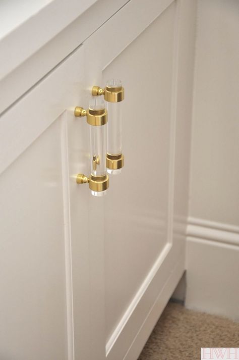 Lucite and gold cabinet hardware | Honey We're Home Gold Kitchen Hardware, Yellow Home Accessories, Gold Cabinet Hardware, Gold Drawer Pulls, Kitchen Ikea, Gold Cabinet, Design Pants, Acrylic Cabinets, Cabinet Door Handles