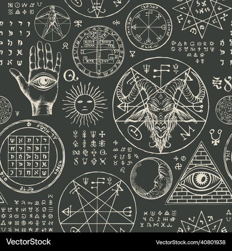 Esoteric Symbols, Abstract Monochrome, Goat Head, Vitruvian Man, All Seeing Eye, Sun Moon, Vector Background, High Res, Seamless Pattern