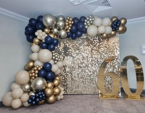 Blue Silver And Gold Balloon Garland, Mens Birthday Color Schemes, Blue Silver And Gold Birthday Party, Backdrop For 60th Birthday Party, Blue And Silver 60th Birthday Party, Male Balloon Garland, 50th Birthday Party Ideas For Men Blue And Gold, Blue And Gold 60th Birthday Party, Graduation Balloon Garland Backdrop